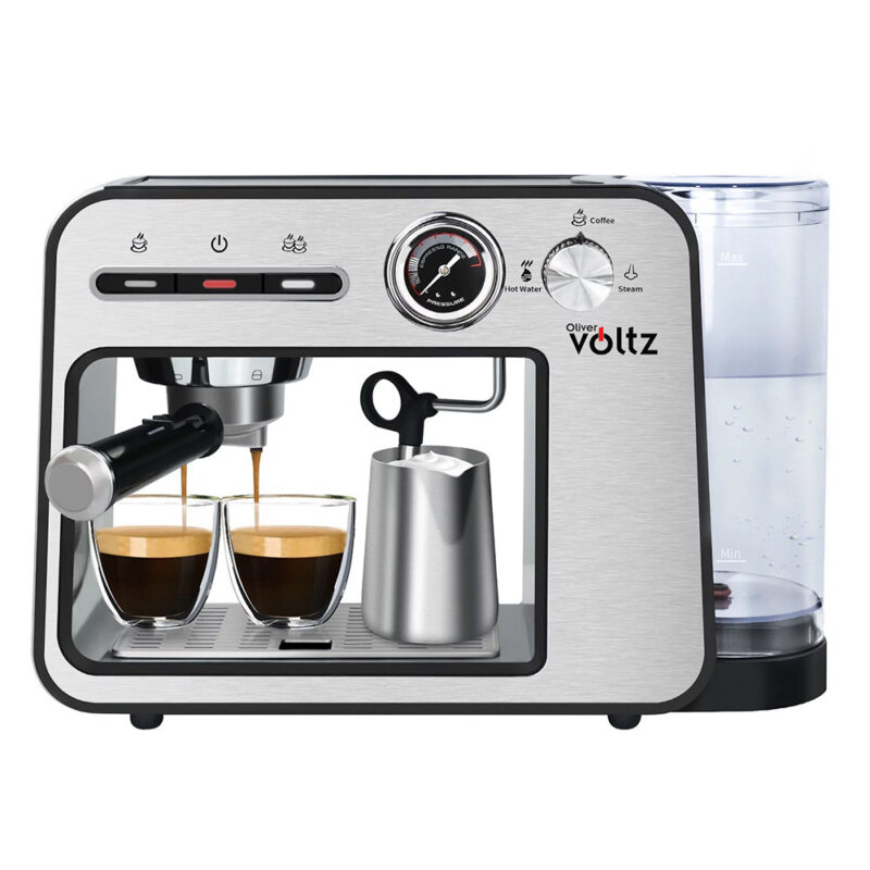 Еспресо машина Oliver Voltz OV51171H, 1450W, 15 bar, 1L, Подгряване на чаши, Авт. изключване, Инокс/черен Намаления и отстъпки ЧеренПетък 2