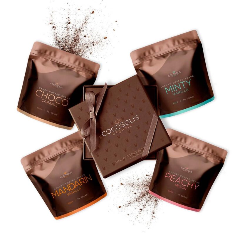Cocosolis Luxury Coffee Scrub Box Луксозна кутия с 4 натурални био скраба – 3 за тяло и 1 за лице Намаления и отстъпки ЧеренПетък 2