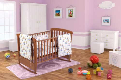 Комплект бебешка кошара, Somnart, чаршаф с ластик за матрак 60х120х10, възглавница 37х55, юрган 100х105, протектори 180х45, шарка мече