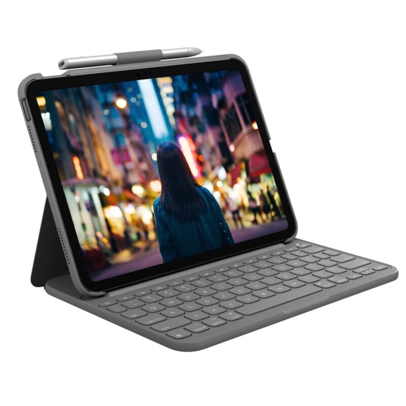 Калъф за таблет Logitech Slim Folio, до 10.9″ (27.68cm), за Apple iPad Pro (10th Gen), клавиатура, Bluetooth, сив Намаления и отстъпки ЧеренПетък 3