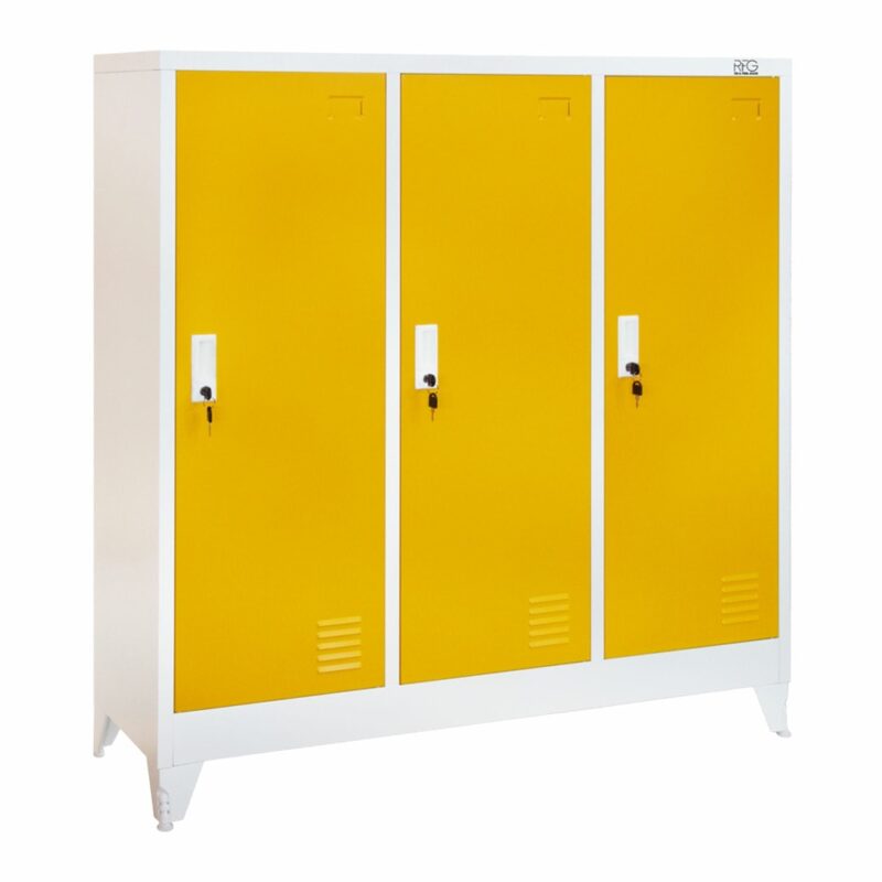 Гардероб RFG 3DOOR/RAL9003/1023, 3x шкафове, прахово боядисан, метален, вентилационен отвор, лост за закачалки, заключване, бял Намаления и отстъпки ЧеренПетък 3