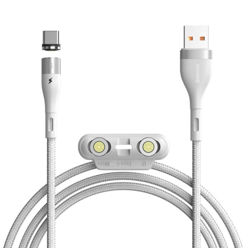 Кабел Baseus Zinc Magnetic Safe Fast Charging Data Cable (CA1T3-A02), от USB A(м) към Lightning(м)/USB C(м)/microUSB(м), магнитни накрайници, 1m, бял Намаления и отстъпки ЧеренПетък 3