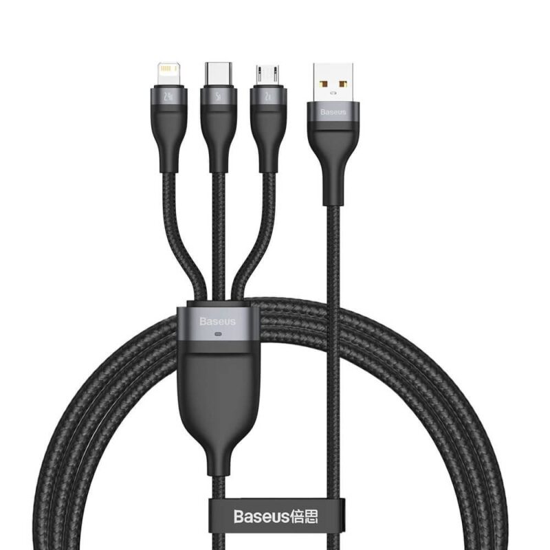 Кабел Baseus Flash Series 3-in-1 Fast Charging Data Cable (CA1T3-G1), от USB A(м) към Lightning(м), USB C(м), microUSB(м), 1.2m, 18W, черен Намаления и отстъпки ЧеренПетък 3