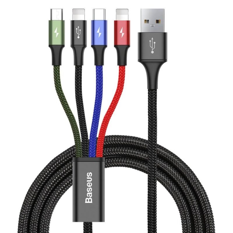 Кабел Baseus Fast 4-in-1 Charging Data Cable (CA1T4-A01), от USB A(м) към 2x Lightning(м), USB C(м) microUSB(м), 1.2m, черен Намаления и отстъпки ЧеренПетък 3
