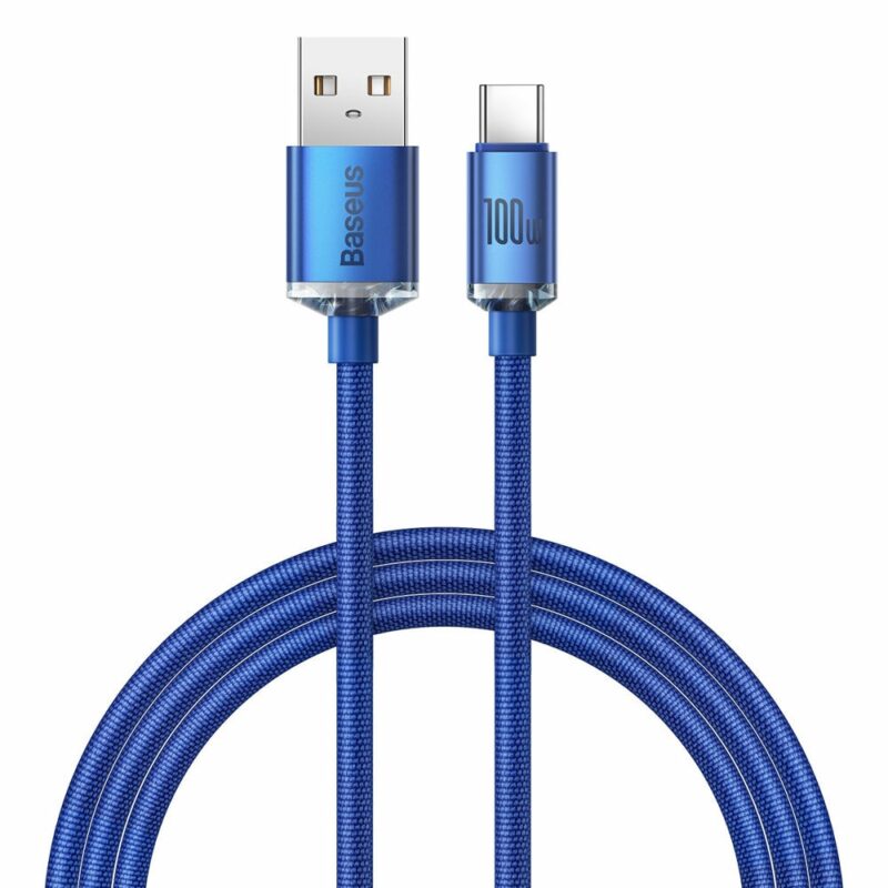 Кабел Baseus Crystal Shine CAJY000403, от USB-A(м) към USB-C(м), 1.2m, 100W, син Намаления и отстъпки ЧеренПетък 3