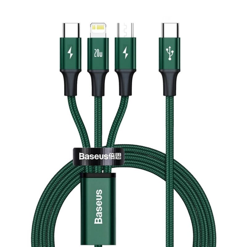 Кабел Baseus Rapid 3-in-1 USB Cable (CAMLT-SC06), от USB-C(м) към USB-C/Lightning/microUSB(м), 1.5m, 15W, зелен Намаления и отстъпки ЧеренПетък 3
