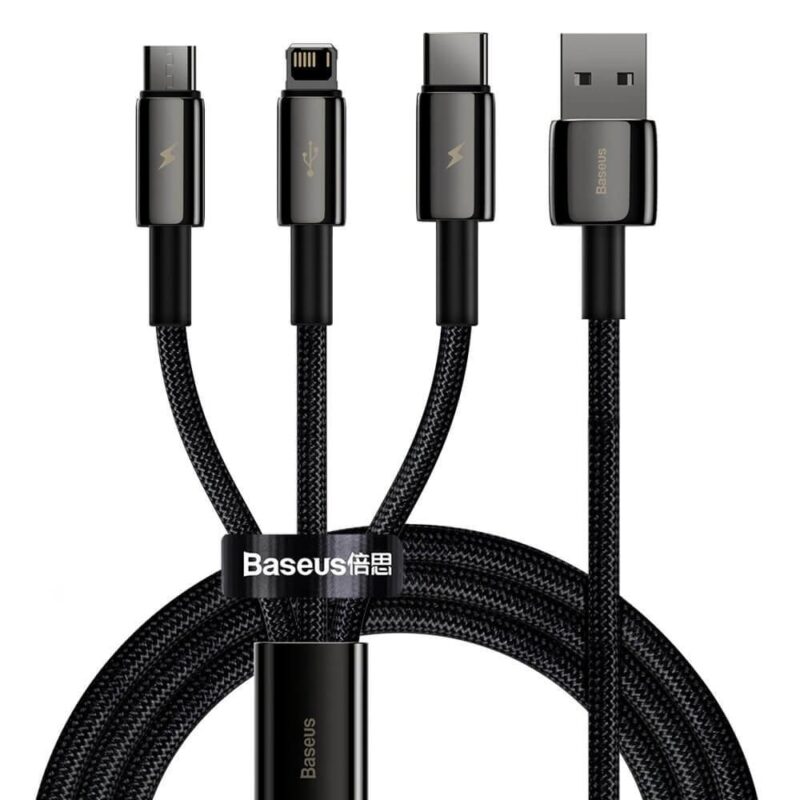 Кабел Baseus Tungsten 3-in-1 USB Cable (CAMLTWJ-01), от USB A(м) към Lightning(м), USB C(м), microUSB(м), 1.5m, 15W, черен Намаления и отстъпки ЧеренПетък 3