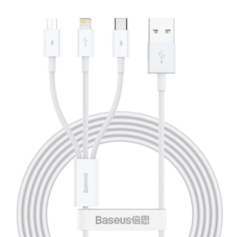 Кабел Baseus Superior 3-in-1 USB Cable (CAMLTYS-02), от USB A(м) към Lightning(м), USB C(м), microUSB(м), 1.5m, бял Намаления и отстъпки ЧеренПетък 3