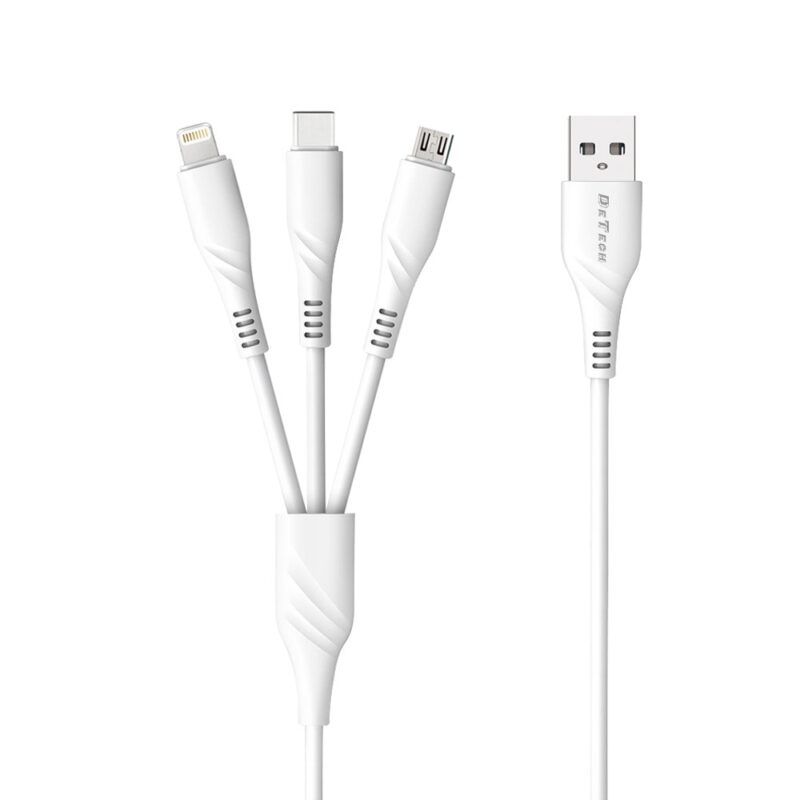 Кабел DeTech DE-C40, от USB A(м) към Lightning/USB C/Micro USB(м), 1m, бял Намаления и отстъпки ЧеренПетък 3