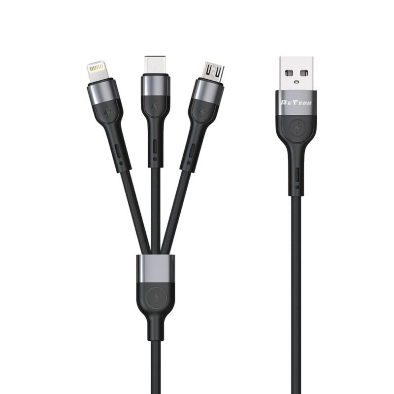 Кабел DeTech DE-C41, от USB A(м) към Lightning/USB C/Micro USB(м), 1m, черен Намаления и отстъпки ЧеренПетък 3