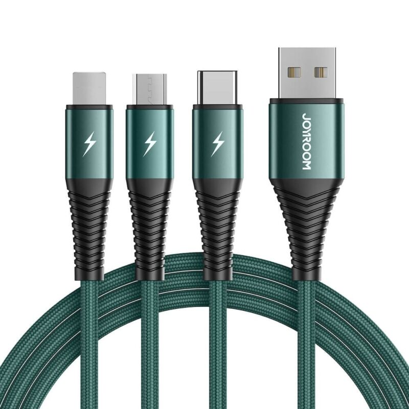 Кабел Joyroom 3-in-1 Charging Cable (S-1230G4), от USB A(м) към Lightning(м), USB C(м), microUSB(м), 1.2m, 15W, зелен Намаления и отстъпки ЧеренПетък 3