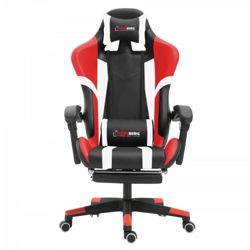 Геймърски стол Herzberg HG-8083RED, до 120кг, еко кожа, метална база, регулируема височина, газов амортисьор клас 3, облегалка за крака, червен Намаления и отстъпки ЧеренПетък 3
