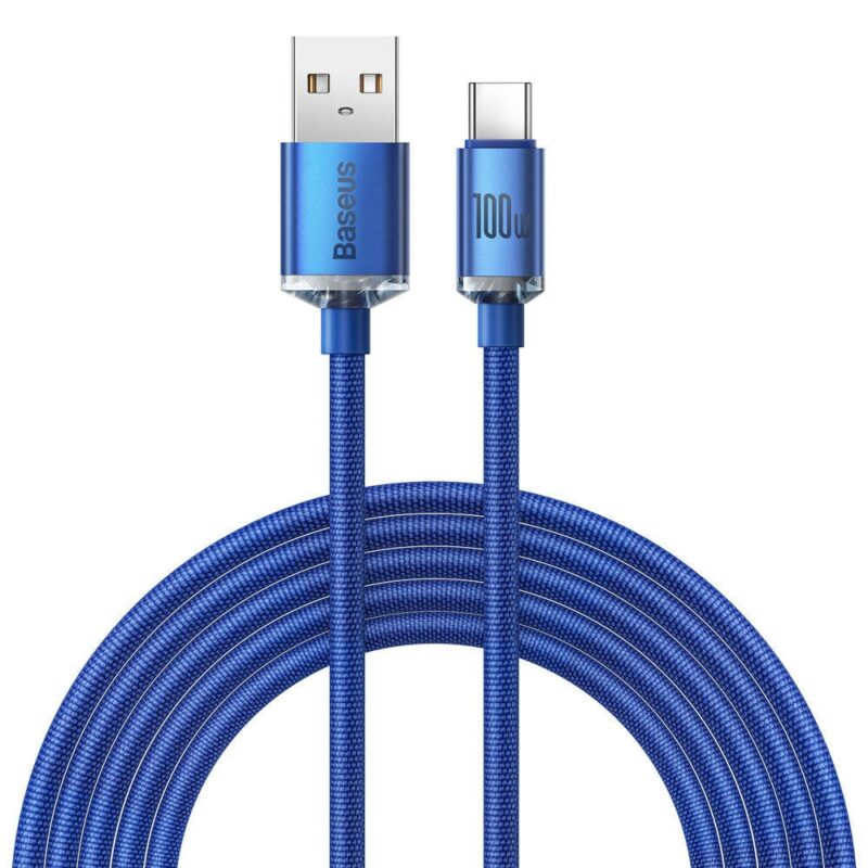 Кабел Baseus Crystal Shine Series (CAJY000503), от USB A(м) към USB C(м), 2m, 100W, син Намаления и отстъпки ЧеренПетък 3