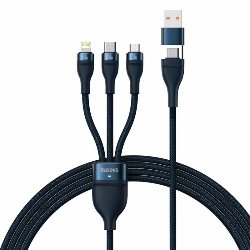 Кабел Baseus Flash Series II, от USB A(м) към USB C(м) / microUSB(м) / Lightning(м), 1.2m, син Намаления и отстъпки ЧеренПетък 3