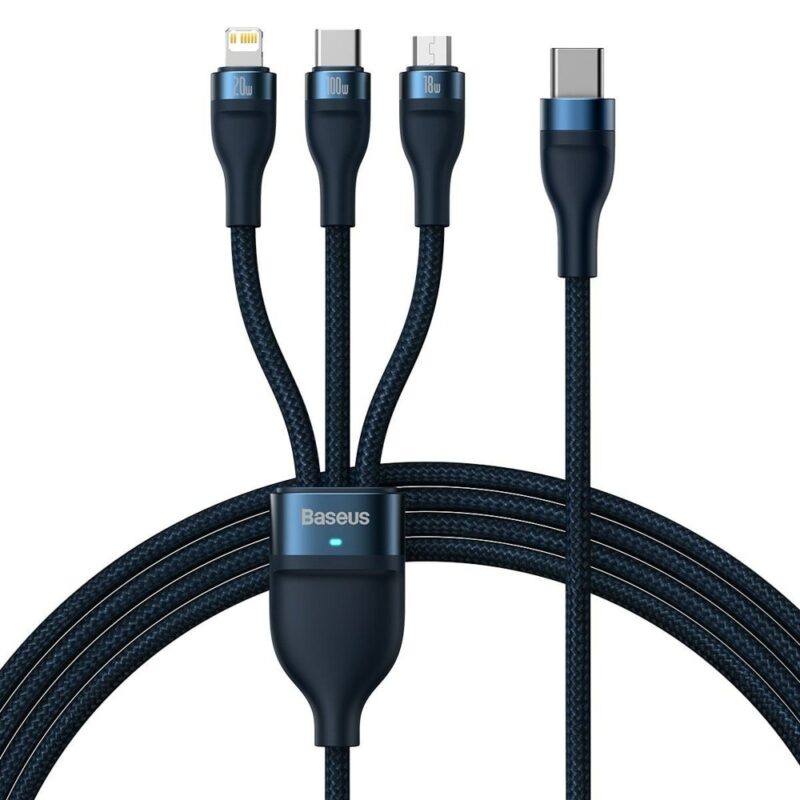 Кабел Baseus Flash Series 3-in-1, от USB C(м) към USB C(м) / microUSB(м) / Lightning(м), 1.5m, син Намаления и отстъпки ЧеренПетък 3