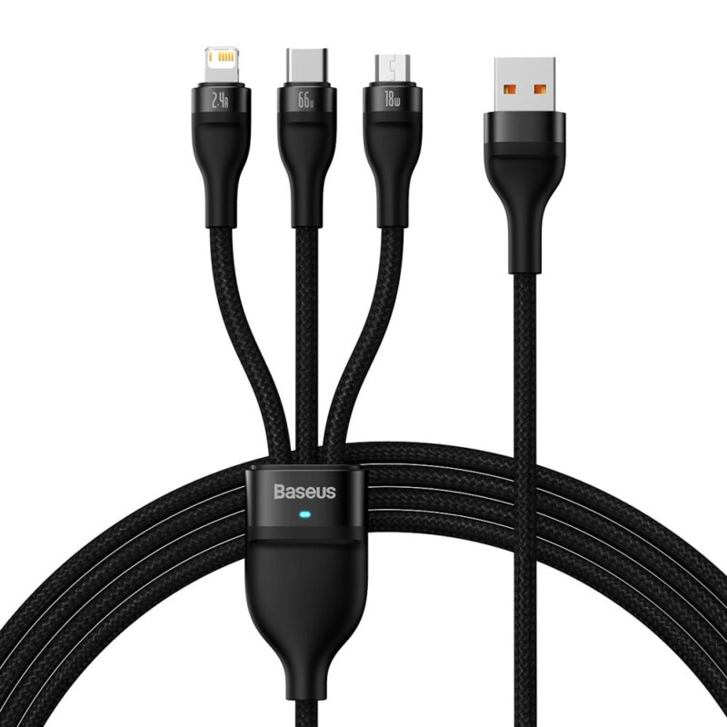 Кабел Baseus Flash Series II, от USB A(м) към USB C(м) / microUSB(м) / Lightning(м), 1.2m, 66W, черен Намаления и отстъпки ЧеренПетък 3