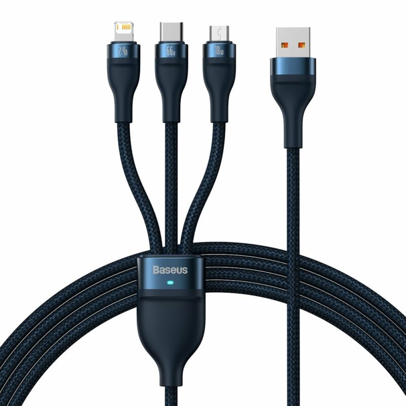 Кабел Baseus Flash Series II, от USB A(м) към USB C(м) / microUSB(м) / Lightning(м), 1.2m, 66W, син Намаления и отстъпки ЧеренПетък 3