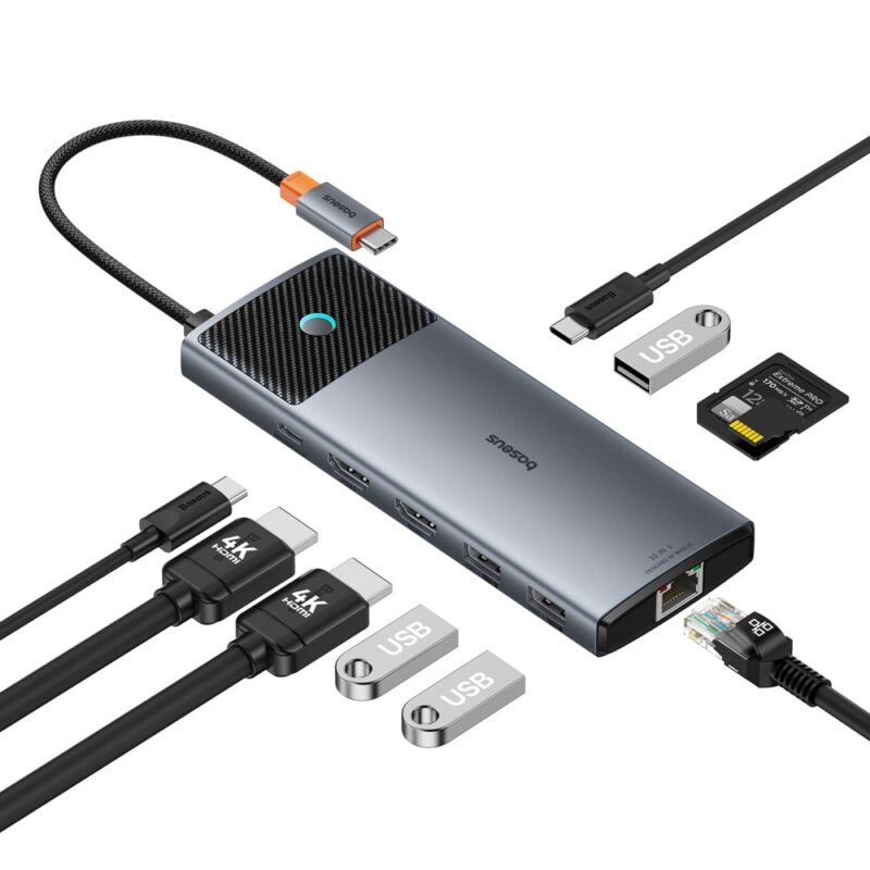 Докинг станция Baseus Metal Gleam II Series 10-in-1 Hub, от USB C към 1x USB-C (PD), 1x USB-C, 3x USB-A, 2x HDMI, 1x RJ45, 1x SD четец, 1x microSD четец, сива Намаления и отстъпки ЧеренПетък 3