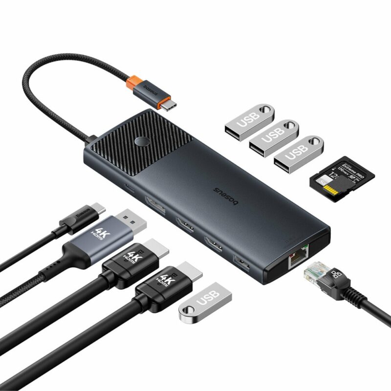 Докинг станция Baseus Metal Gleam Series II 11-in-1 Hub (B00061801123-00), от USB C към 1x USB-C (PD), 4x USB A, 2x HDMI, 1x DisplayPort, 1x RJ45, 1x SD/MicroSD четец на карти, черна Намаления и отстъпки ЧеренПетък 3