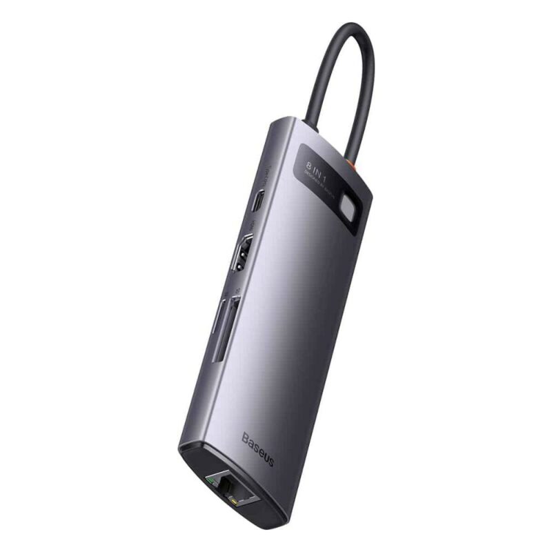 Докинг станция Baseus WKWG080213, от USB-C към 1x USB-C (PD), 3x USB-A, 1x HDMI, 1x RJ45, 1x SD четец, 1x microSD четец, сива Намаления и отстъпки ЧеренПетък 3