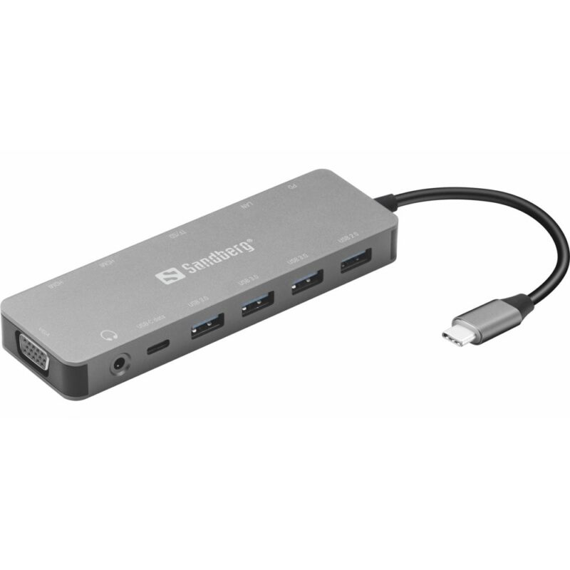 Докинг станция Sandberg USB-C 13-in-1 Travel Dock (136-45), от USB C към 1x USB C (PD), 1x USB C, 4x USB A, 2x HDMI, 1x VGA, 1x AUX, 1x RJ45, 1x SD/MicroSD четец, сива Намаления и отстъпки ЧеренПетък 3