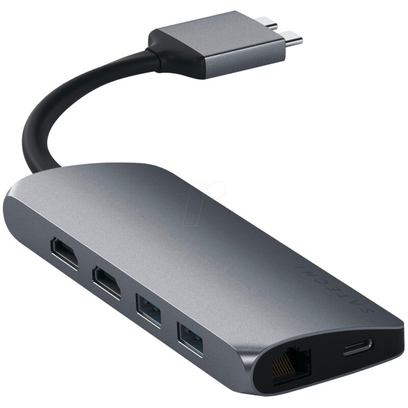 Докинг станция Satechi USB-C Dual Multimedia Adapter (ST-TCDMMAM), от USB C към 1x USB C(PD), 2x USB A, 2x HDMI, 1x RJ45, 1x SD/MicroSD четец, за Apple MacBook, сива Намаления и отстъпки ЧеренПетък 3