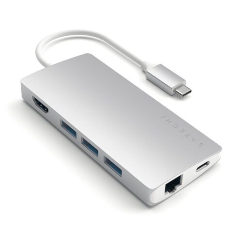Докинг станция Satechi USB-C Aluminum Multiport 4K Adapter v2 (ST-TCMA2S), от USB C към 1x USB C(PD), 3x USB A, 1x HDMI, 1x SD/MicroSD четец на карти, сива