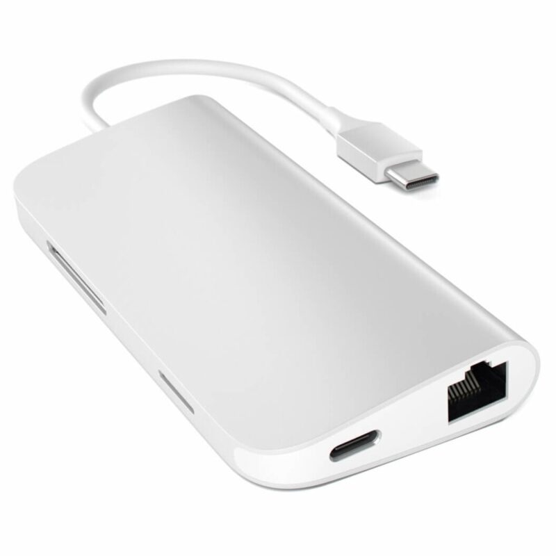 Докинг станция Satechi USB-C Aluminum Multiport Adapter Silver (ST-TCMAS), от USB C към 1x USB C(PD), 3x USB A, 1x HDMI, 1x RJ45, 1x SD/MicroSD четец на карти, сребриста Намаления и отстъпки ЧеренПетък 3