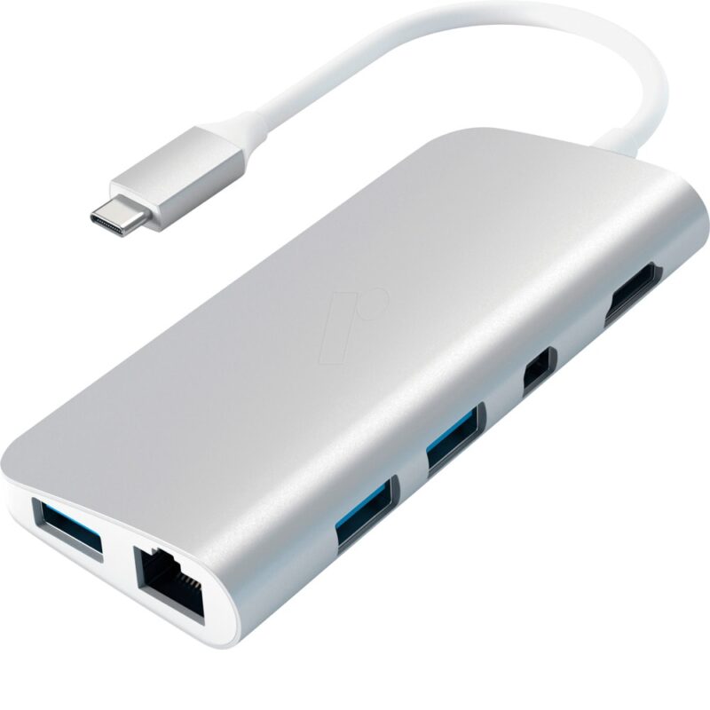 Докинг станция Satechi USB-C Multimedia Adapter Silver (ST-TCMM8PAS), от USB C към 1x USB C(PD), 3x USB A, 1x HDMI, 1x RJ45, 1x SD/MicroSD четец, сребриста Намаления и отстъпки ЧеренПетък 3