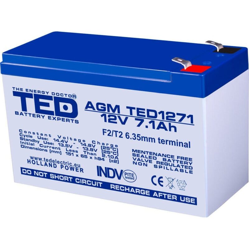 Акумулаторна батерия Ted Electric TED-12V-9AH-AGM, 12V, 7Ah, AGM, T2 конектори Намаления и отстъпки ЧеренПетък 3