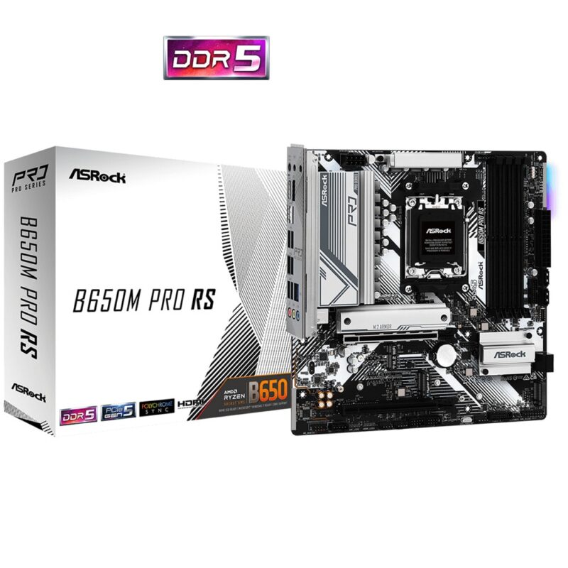 Дънна платка ASRock B650M Pro RS, B650, AM5, DDR5, PCI-E 4.0 (DP/HDMI)(CF), 2x M.2, 4x SATA 6Gb/s, 1x USB 3.2 (Gen2 Type-C), 2.5 Gigabit LAN, Micro ATX Намаления и отстъпки ЧеренПетък 3