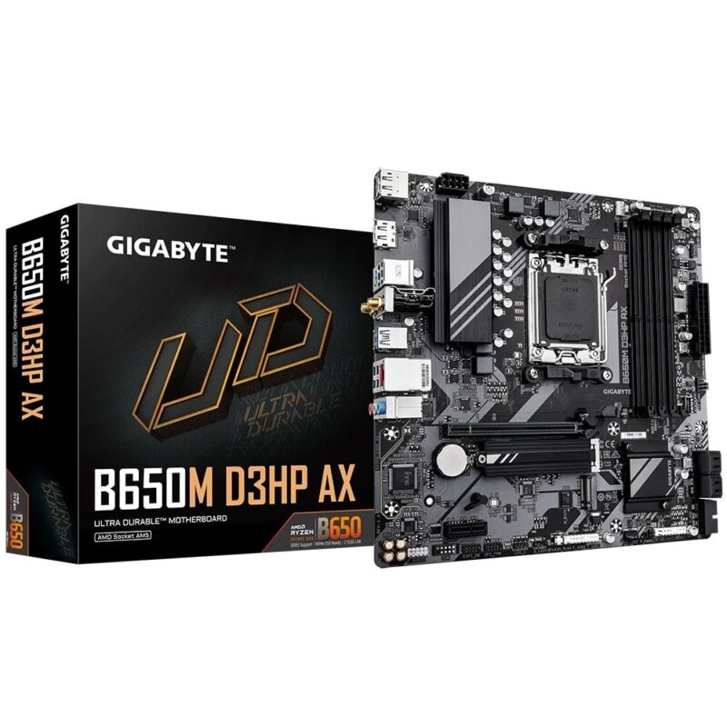Дънна платка Gigabyte B650M D3HP AX (rev 1.0), B650M, AM5, DDR5, PCI-E 4.0 (DP&HDMI), 2x M2, 4x SATA 6Gb/s, 1x USB 3.2 Gen 1 Type-C, 3x USB 3.2 Gen 1 Type-A, 2.5GbE LAN, Wi-Fi 6E, Bluetooth, Micro ATX Намаления и отстъпки ЧеренПетък 3