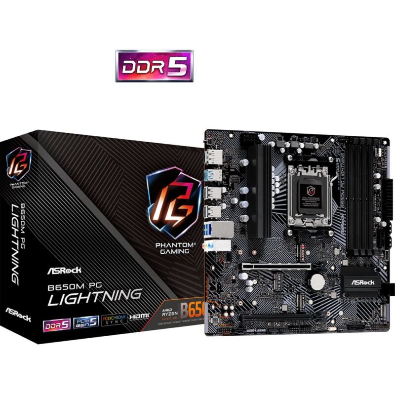 Дънна платка ASRock B650M PG Lightning, B650, AM5, DDR5, PCI-E 4.0 (HDMI&DP)(CF), 3x M.2, 4x SATA 6Gb/s, 1x USB 3.2 Gen 2 Type-C, 1x USB 3.2 Gen 2 Type-A, 2.5GbE LAN, mATX Намаления и отстъпки ЧеренПетък 2