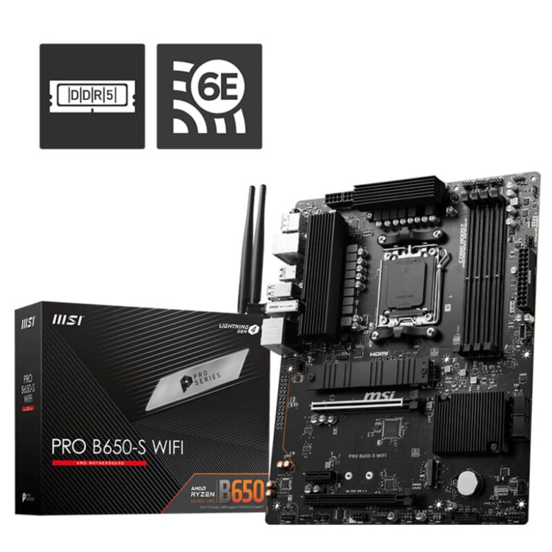 Дънна платка MSI PRO B650-S WIFI, B650, AM5, DDR5, PCI-E 4.0 (HDMI&DP), 2x M.2, 4x SATA 6Gb/s, 4x USB 3.2 Gen 1 Type-A, 1x USB 3.2 Gen 2×2 Type-C, Wi-Fi 6E, Bluetooth, ATX Намаления и отстъпки ЧеренПетък 3