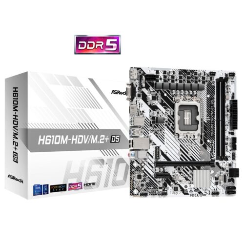 Дънна платка ASRock H610M-HDV/M.2+, H610, LGA1700, DDR5, PCI-E 4.0 (HDMI&DP&VGA), 1x M.2, 4x SATA 6Gb/s, 1x USB 3.2 Gen 1, 1x USB 3.2 Gen 1 Type-C, mATX