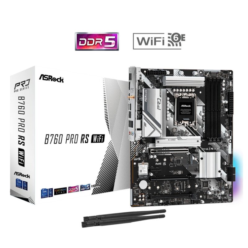 Дънна платка ASRock B760 Pro RS WiFi, B760, LGA1700, DDR5, PCIe 5.0 (eDP&HDMI&DP)(CF), 2x M.2, 4x SATA 6Gb/s, 1x USB 3.2 Gen2 Type-C, 1x USB 3.2 Gen 2 Type-A, Wi-Fi 6E, Bluetooth, ATX Намаления и отстъпки ЧеренПетък 3