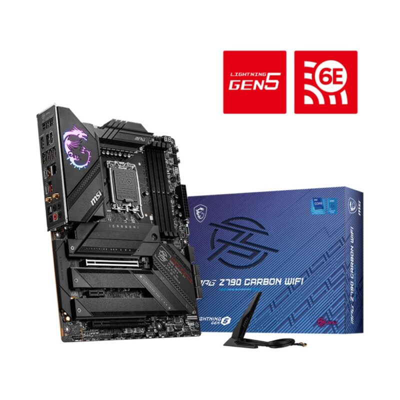 Дънна платка MSI MPG Z790 CARBON WIFI, Z790, LGA1700, DDR5, PCI-E 5.0 (HDMI), 5x M.2, 6x SATA 6Gb/s, 2x USB 3.2 Gen 1, 1x USB 3.2 Gen 2 Type-C, 2.5Gbit LAN, Wi-Fi 6E, Bluetooth, ATX Намаления и отстъпки ЧеренПетък 3