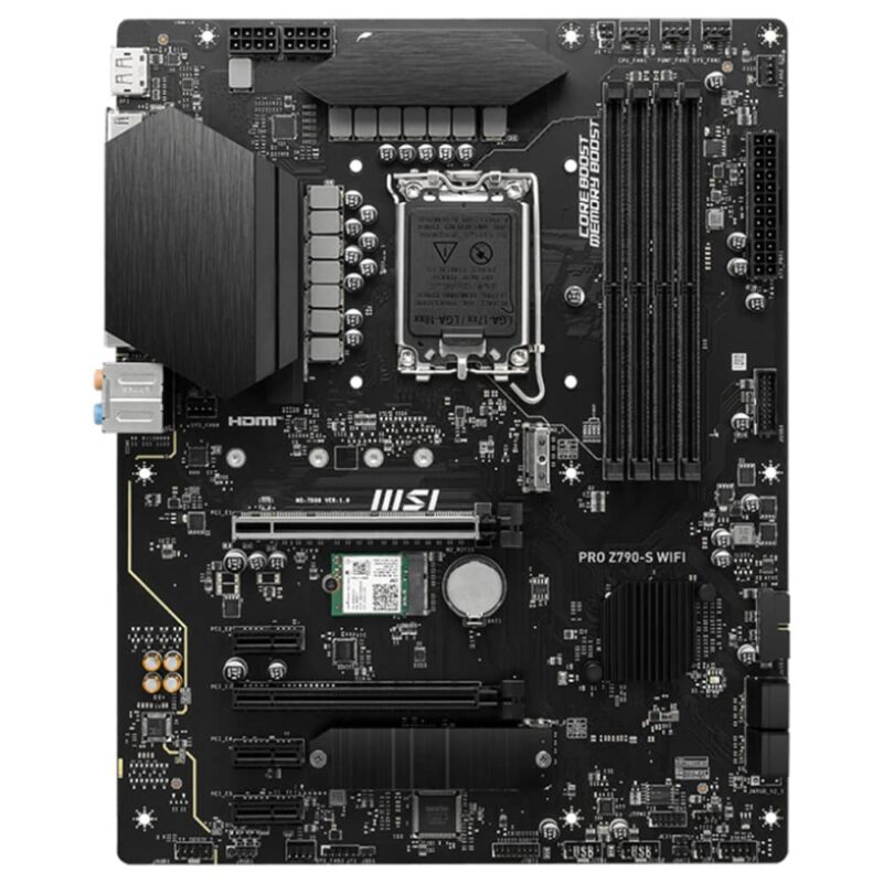 Дънна платка MSI PRO Z790-S WIFI, Z790, LGA1700, DDR5, PCI-E 4.0 (DP&HDMI), 4x SATA 6Gb/s, 2x M.2, 1x USB 3.2 Gen 2×2 20Gbps Type-C, 2.5G LAN, Wi-Fi 6E, Bluetooth 5.3, ATX Намаления и отстъпки ЧеренПетък 3