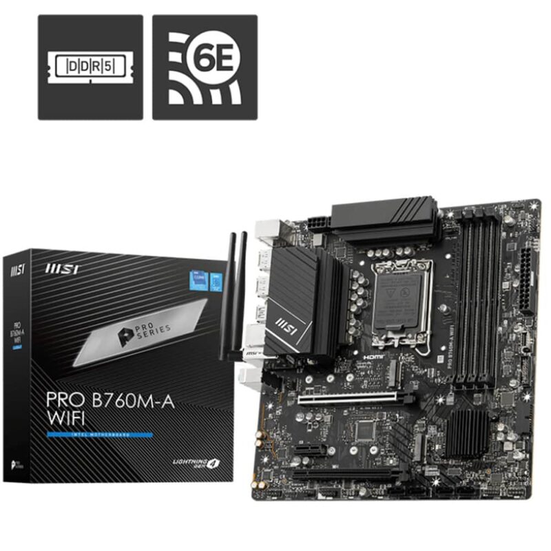 Дънна платка MSI PRO B760M-A WIFI, B760, LGA1700, DDR5, PCI-E 5.0 (DP&HDMI), 2x M.2, 4x SATA 6Gb/s, USB 3.2 (Gen 2), Wi-Fi 6E, Bluetooth 5.3, 2.5G LAN, mATX Намаления и отстъпки ЧеренПетък 3