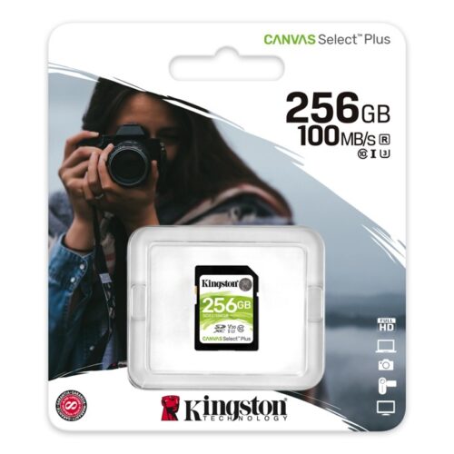 Карта памет 256GB SDHC, Kingston Canvas Select Plus, Class 10 UHS-I, скорост на четене 100MB/s, скорост на запис 85MB/s