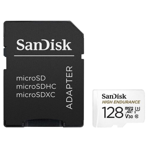 Карта памет 128GB microSDXC с адаптер, SanDisk High Endurance, Class 10 U-3, скорост на четене до 100MB/s, скорост на запис до 40MB/s