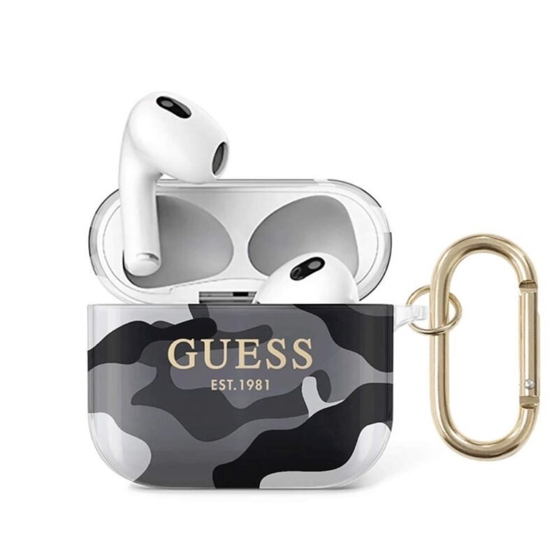Защитен калъф Guess Airpods 3 Silicone Case Camo Collection, за Apple Airpods 3, силиконов, с карабинер, бял камуфлаж Намаления и отстъпки ЧеренПетък 3