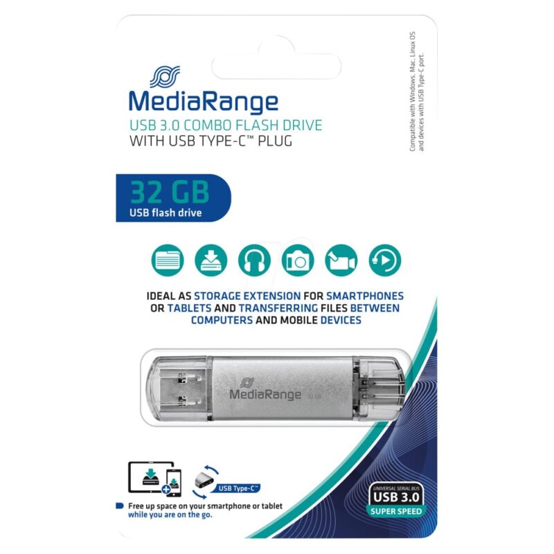 Памет 32GB USB Flash Drive, MediaRange MR936, USB 3.0 Type A/C, сребриста Намаления и отстъпки ЧеренПетък 3