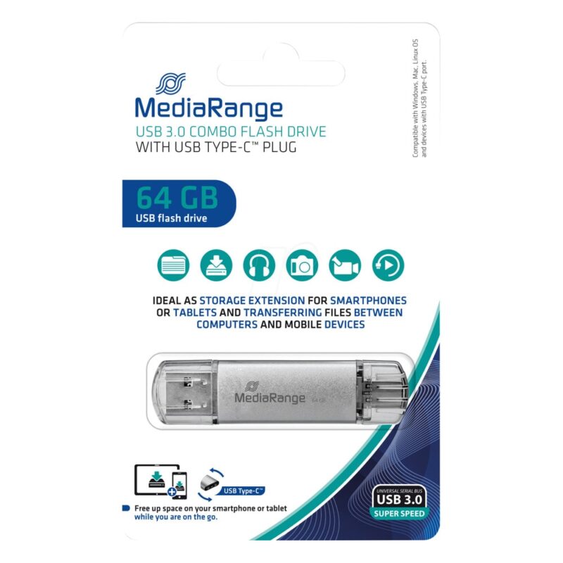 Памет 64GB USB Flash Drive, MediaRange MR937, USB 3.0 Type A/C, сребриста Намаления и отстъпки ЧеренПетък 3