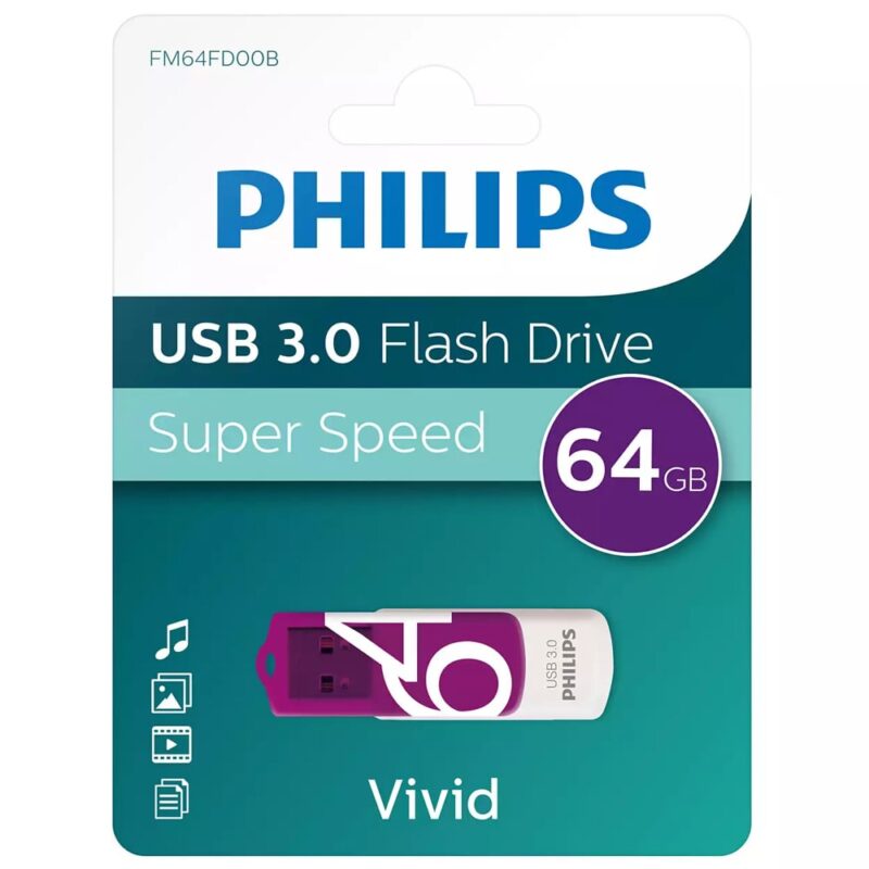 Памет 64GB USB Flash Drive, Philips Vivid Edition, USB 3.0, лилав Намаления и отстъпки ЧеренПетък 3