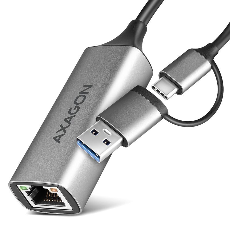 Мрежови адаптер AXAGON ADE-TXCA, от USB-A/USB-C(м) към 1x RJ45 10/100/1000Mbps(ж), сив Намаления и отстъпки ЧеренПетък 3