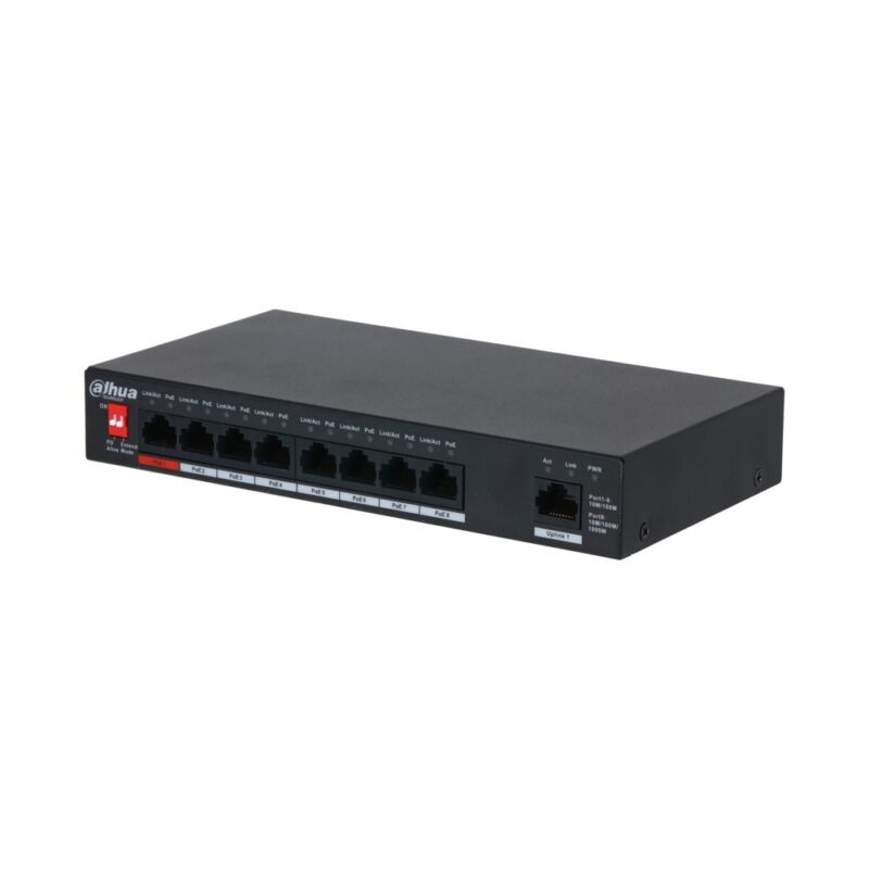 Суич Dahua PFS3009-8ET1GT-96-V2, 9 порта 100Mbps, 8x 10/100 RJ-45 PoE, 1x 10/100/1000 Mbps RJ-45 Uplink Намаления и отстъпки ЧеренПетък 3