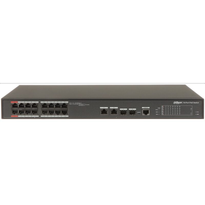 Суич Dahua PFS4218-16ET-240-V2, 18 порта, 16x LAN 10/100 Base-T (PoE), 2x 10/100/1000 Base-T Combo ports, 2x 1000 Base-X Combo ports, оптимизиран за системи за видеонаблюдение Намаления и отстъпки ЧеренПетък 3