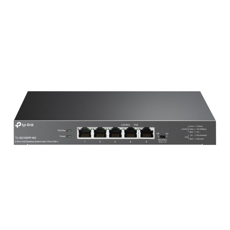 Суич TP-Link TL-SG105PP-M2, 2500 Mbps, 5 порта, 5x 10/100/1000/2500 Mbps, 4x PoE++ Намаления и отстъпки ЧеренПетък 3