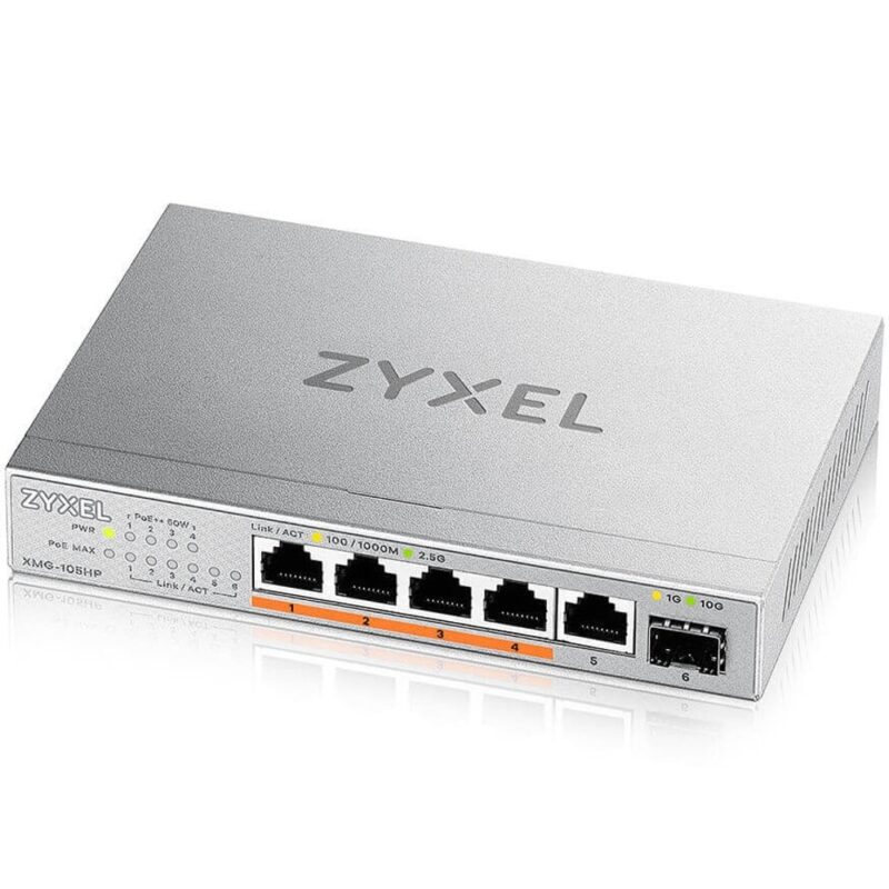 Суич ZyXEL XMG-105HP, 2500Mbps, 6 порта, 5x 10/100/1000/2500 Mbps (4x PoE++), 1x SFP+ 10Gbps Намаления и отстъпки ЧеренПетък 3